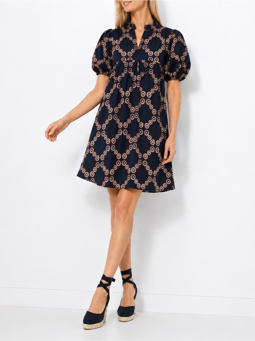 Banana Republic 100% Silk Mini Dress S Puff Sleeve Geometric Print